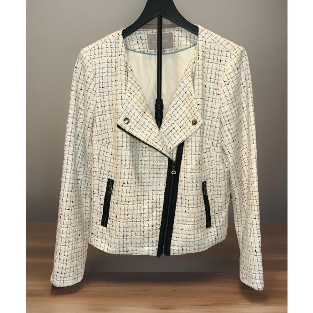 Banana Republic white plaid collarless biker jacket style blazer size 14